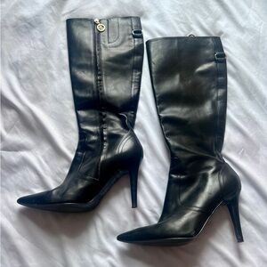 Ralph Lauren Black Leather Pointed-Toe Knee Boots - Women's Stylish Heels